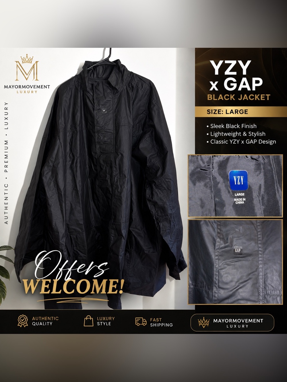 YZY x GAP Black Oversized Jacket Coat Size Large Yeezy Gap